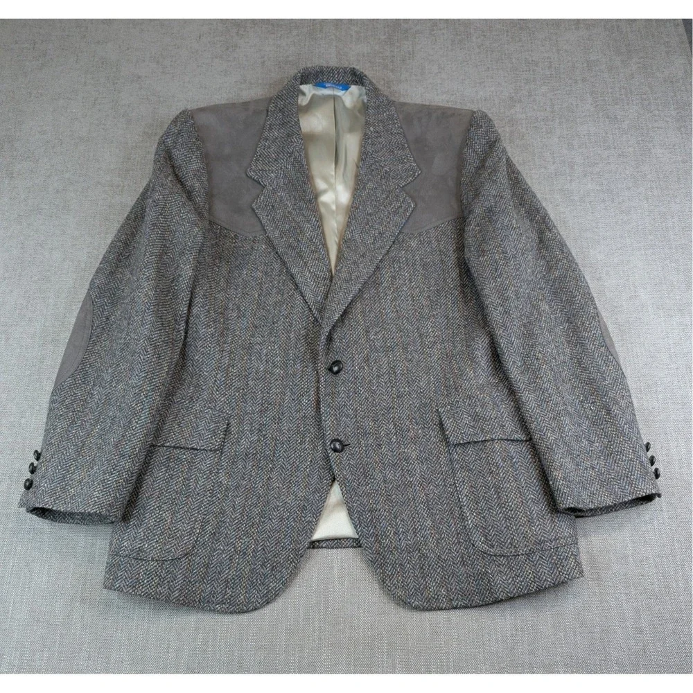 Vintage Pendleton Blazer Mens Sz 46 Western Wool Herringbone Tweed Suede Yoke
